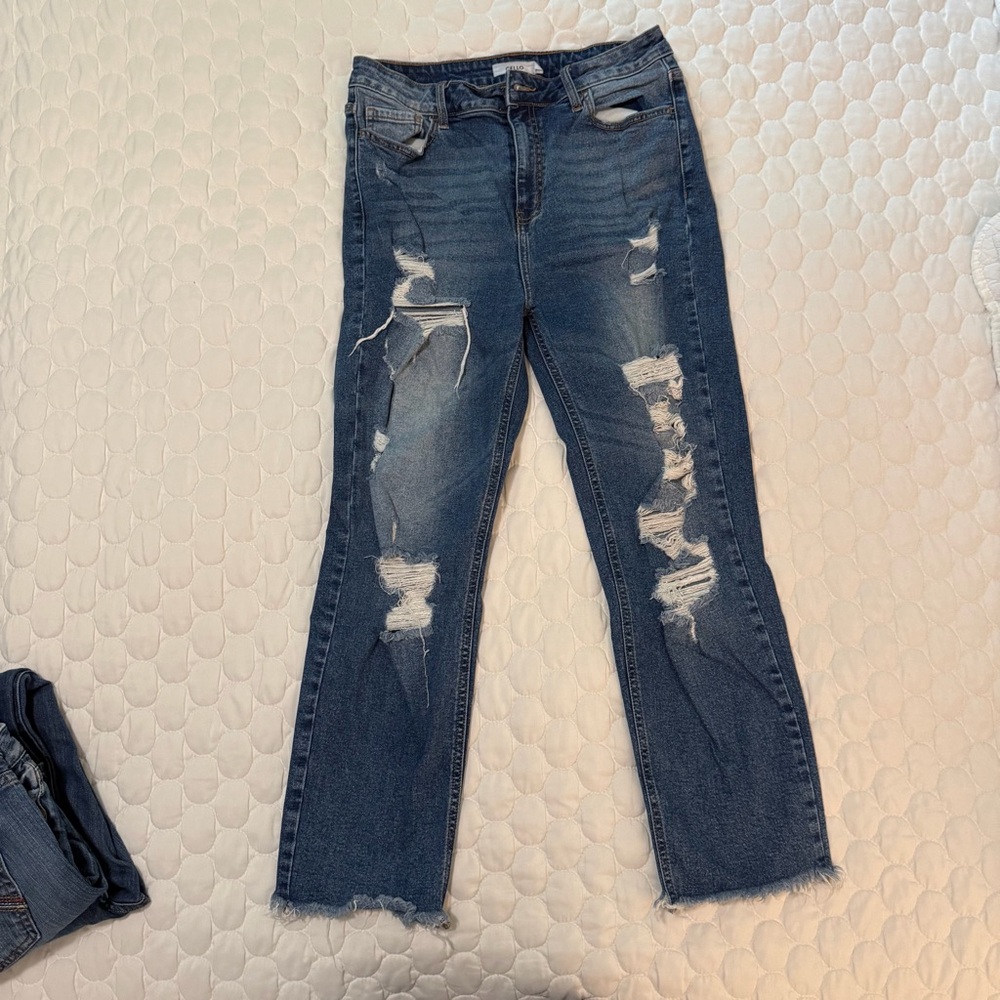 Cello Distressed Straight Leg Jeans - Dark Blue